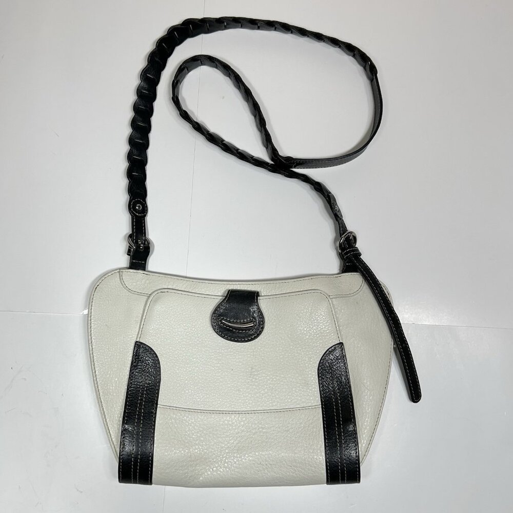 Vtg Tusk Women Ivory Black Crossbody Bag 100% Pebble Leather Braided Handle Sz M